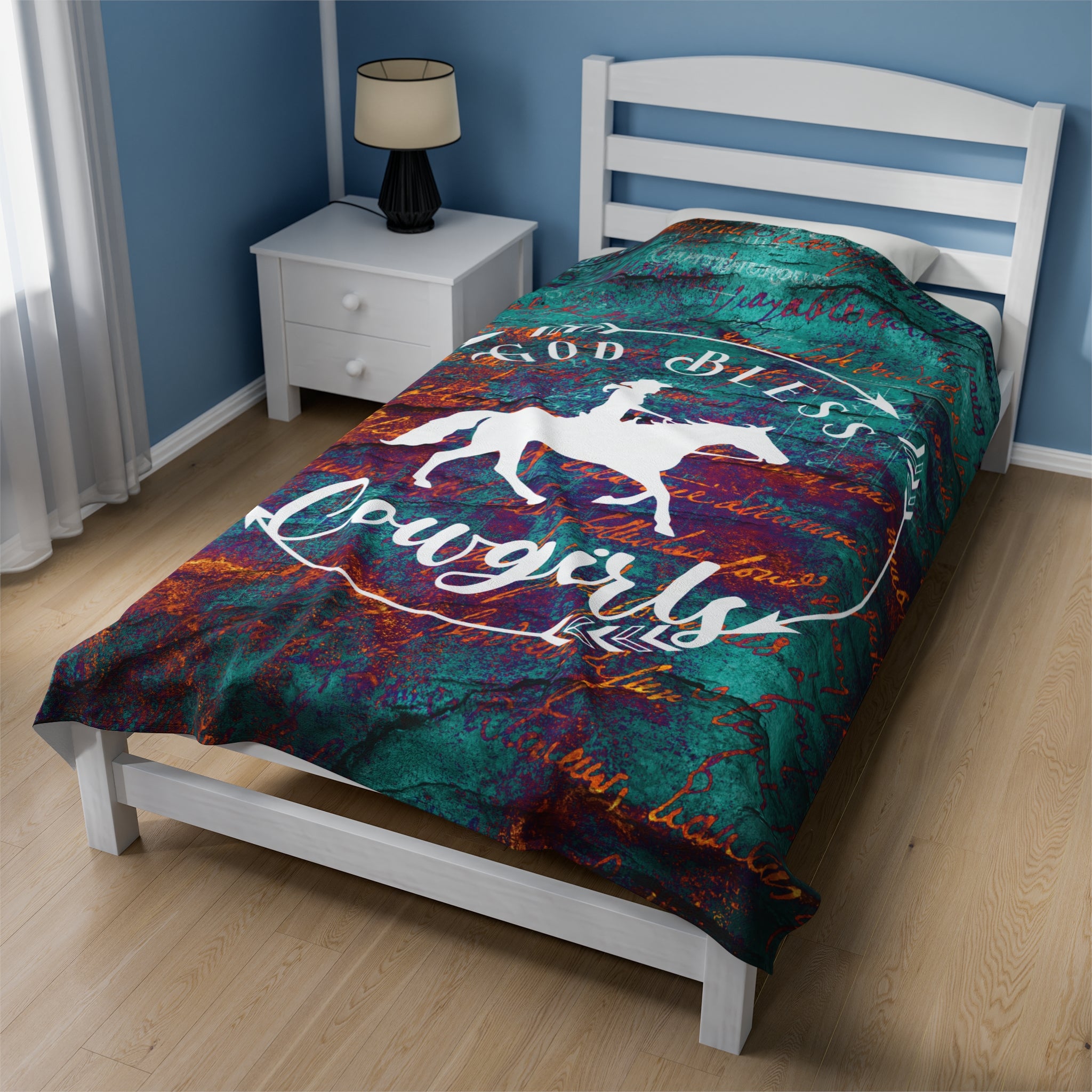 God Bless Cowgirls Plush Blanket | Turquoise Christian Cowgirl Throw