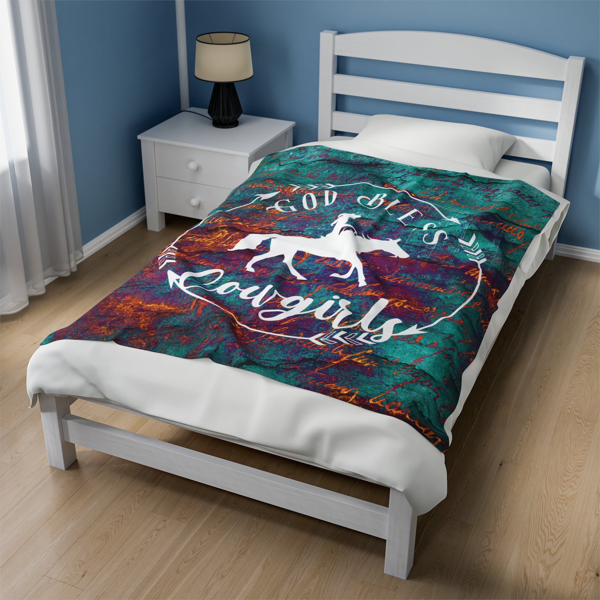 God Bless Cowgirls Plush Blanket | Turquoise Christian Cowgirl Throw
