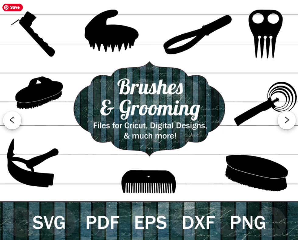 Horse brushes and grooming tools SVG silhouette graphics for equestrian crafting and logo creation. Graphics include curry comb, hoof pick, braiding comb, shedding brush, sweat scraper, mane comb, stiff brush, and other horse brushes.