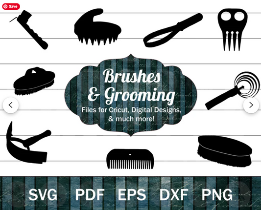 Horse brushes and grooming tools SVG silhouette graphics for equestrian crafting and logo creation. Graphics include curry comb, hoof pick, braiding comb, shedding brush, sweat scraper, mane comb, stiff brush, and other horse brushes.