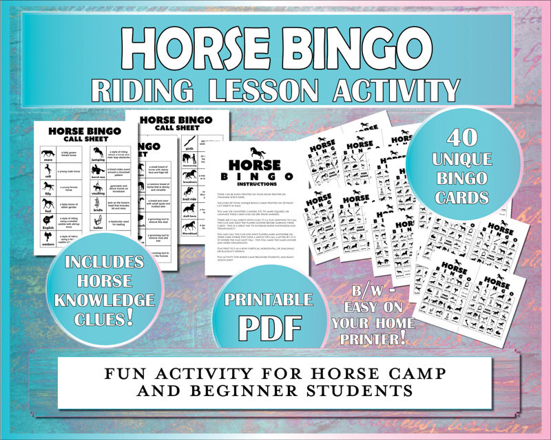 Horse bingo game cards make a fun horse camp or beginner riding lesson activity!