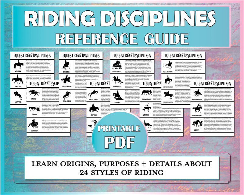 Horse knowledge worksheets about 24 riding disciplines - for teaching horseback riding students about all styles of English and western riding.