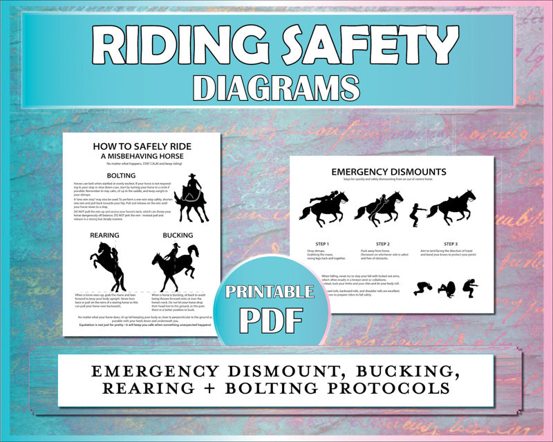 Horseback riding safety diagrams show horse riders how to safely ride bucking, rearing, and bolting horses and how to perform an emergency dismount from a horse.