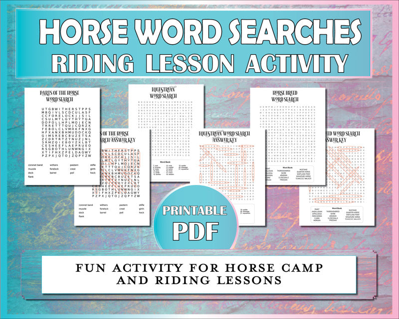 Horse word searches are a fun learning activity for equestrian student and horseback riders.